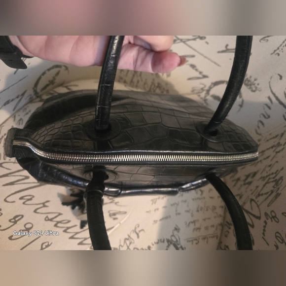 Furla Blk Crocodile Italian Leather Satchel Handbag EUC w/ Twilly - Picture 8 of 13